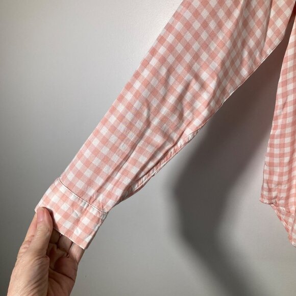 Womens Time and Tru Gingham Button Shirt Roll Tab Sleeve S Pink White Viscose - Picture 5 of 9